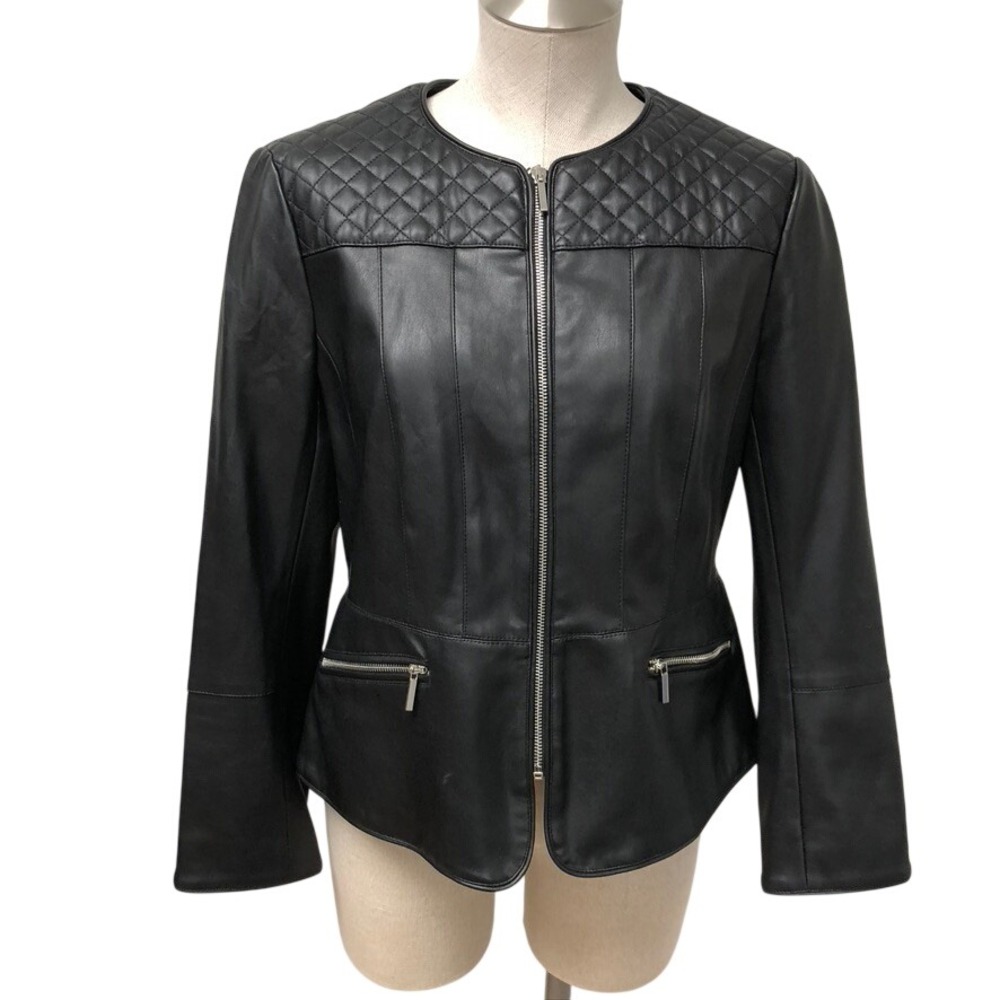 Zara Basic‎ Faux Leather Jacket Womens XL Black Quilted Yoke Collarless Zip Moto